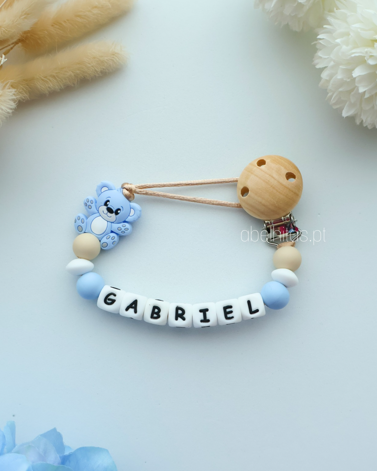 Pacifier clip with name - Blue bear