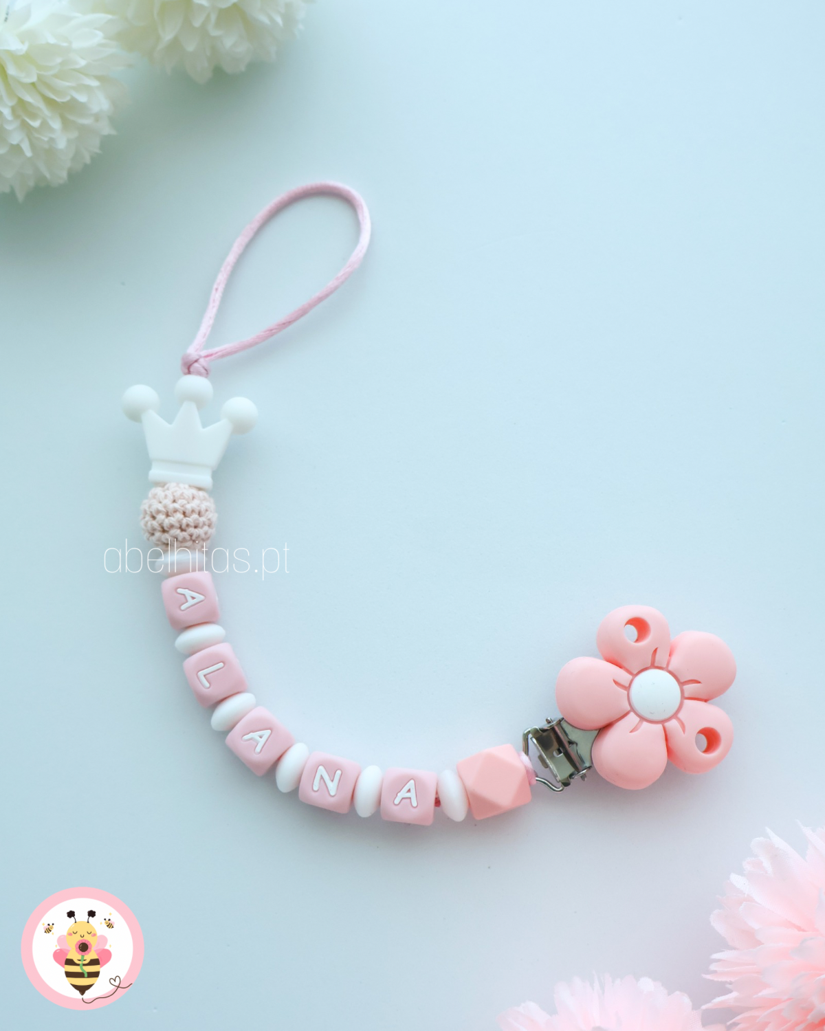 Prendedor de chupeta com nome - Coroa branca