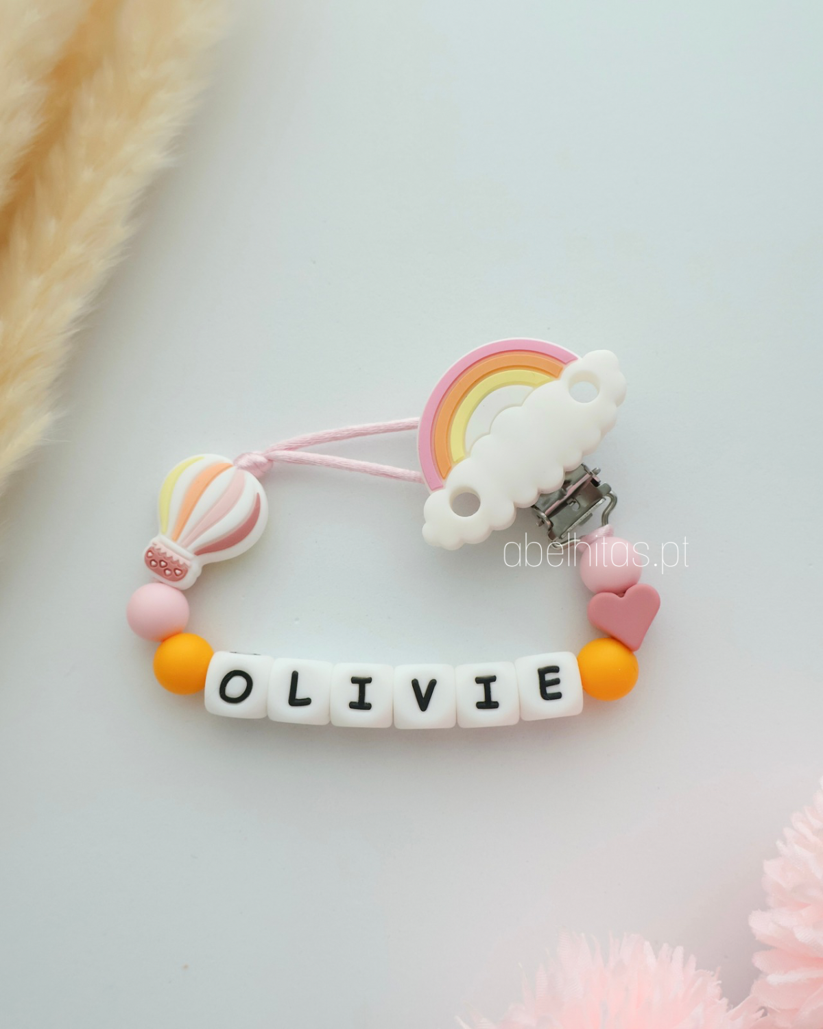 Prendedor de chupeta com nome - Balão e arco íris