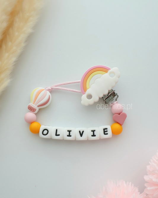 Prendedor de chupeta com nome - Balão e arco íris