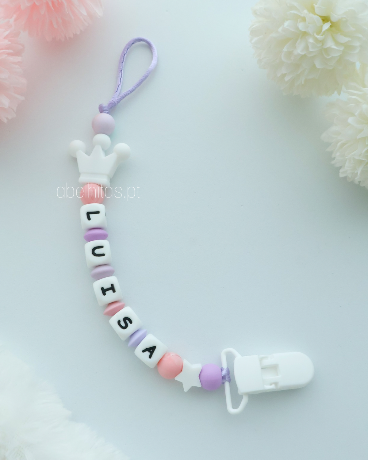 Pacifier clip with name - White crown