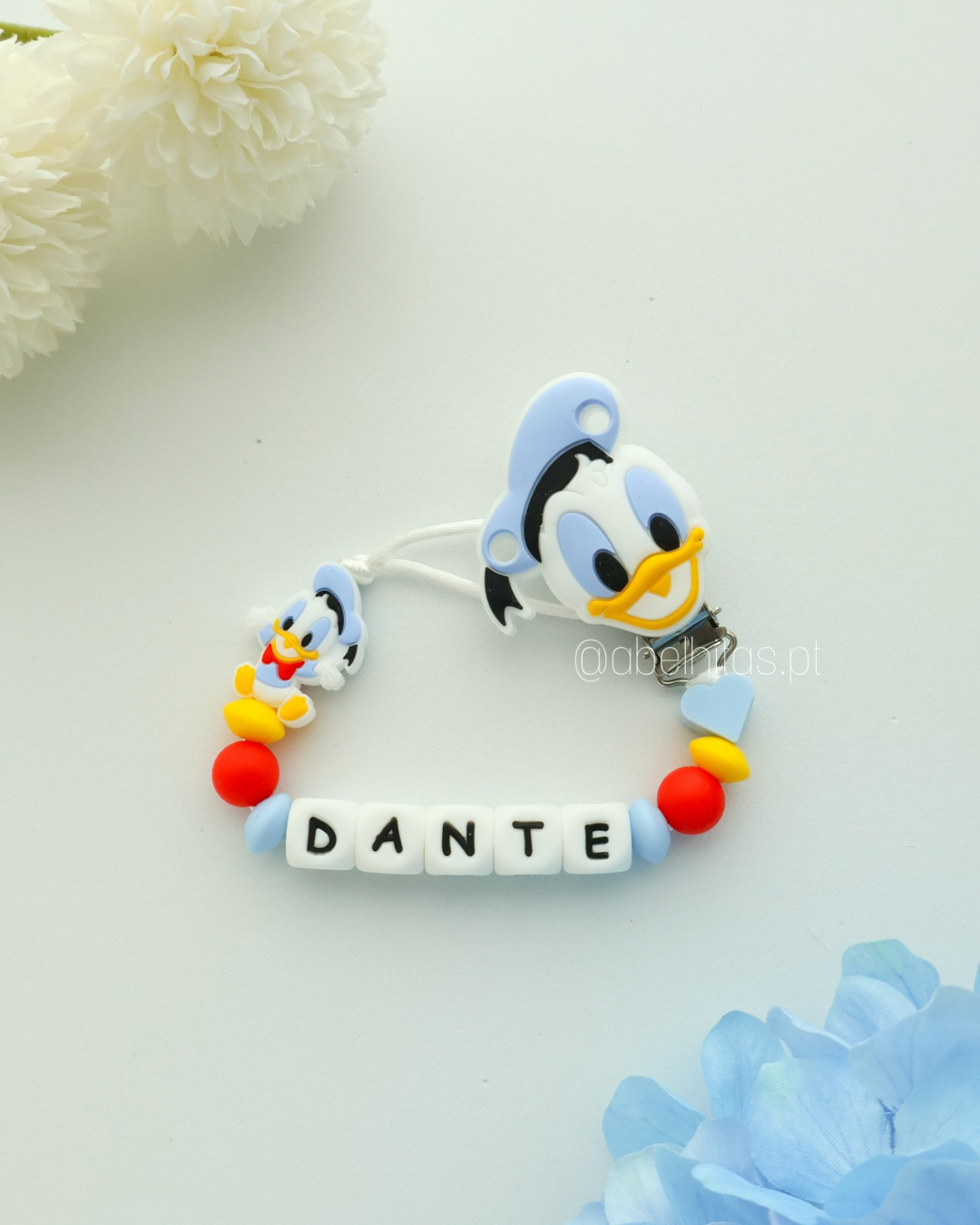 Prendedor de chupeta com nome - Pato Donald