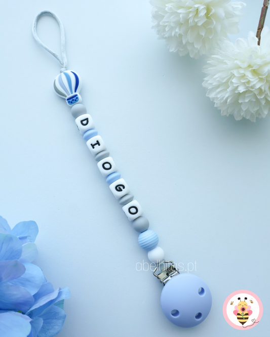 Prendedor de chupeta com nome - Balão azul