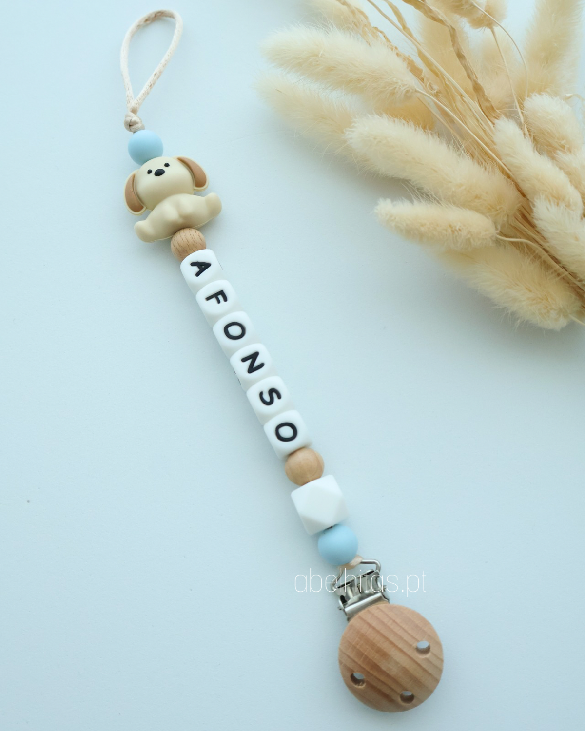 Prendedor de chupeta com nome - Cão