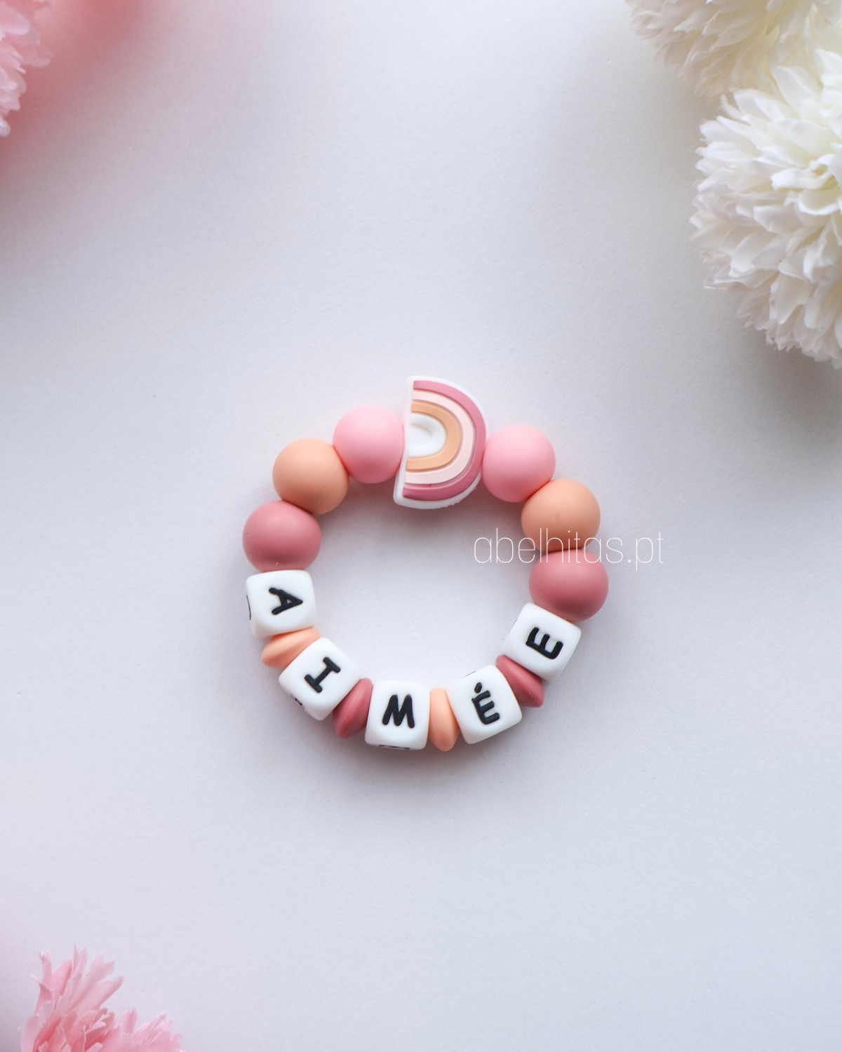 Silicone teether with name - Pastel rainbow