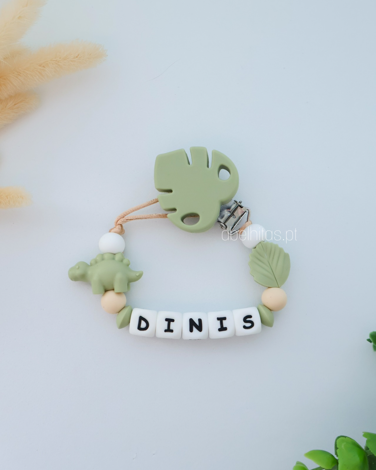 Prendedor de chupeta com nome - Dinossauro verde