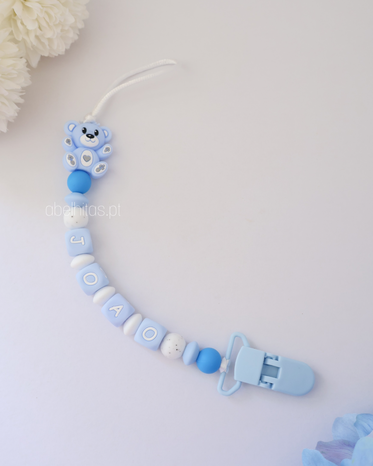 Prendedor de chupeta com nome - Urso azul