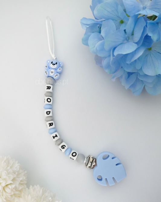 Prendedor de chupeta com nome - Urso azul