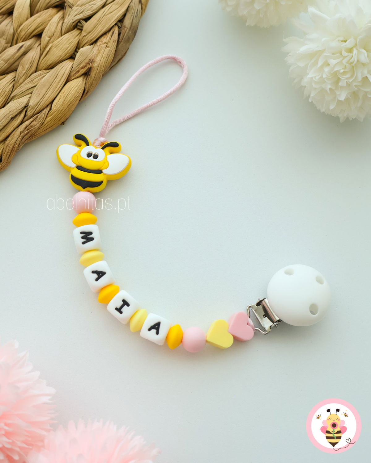 Prendedor de chupeta com nome - Abelha