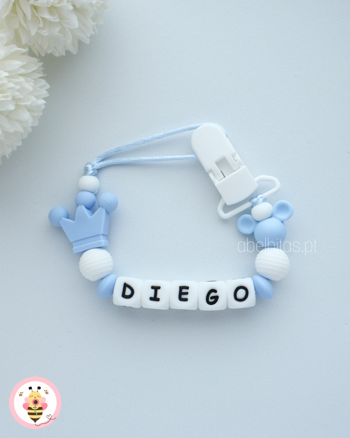 Prendedor de chupeta com nome - Mickey simples azul