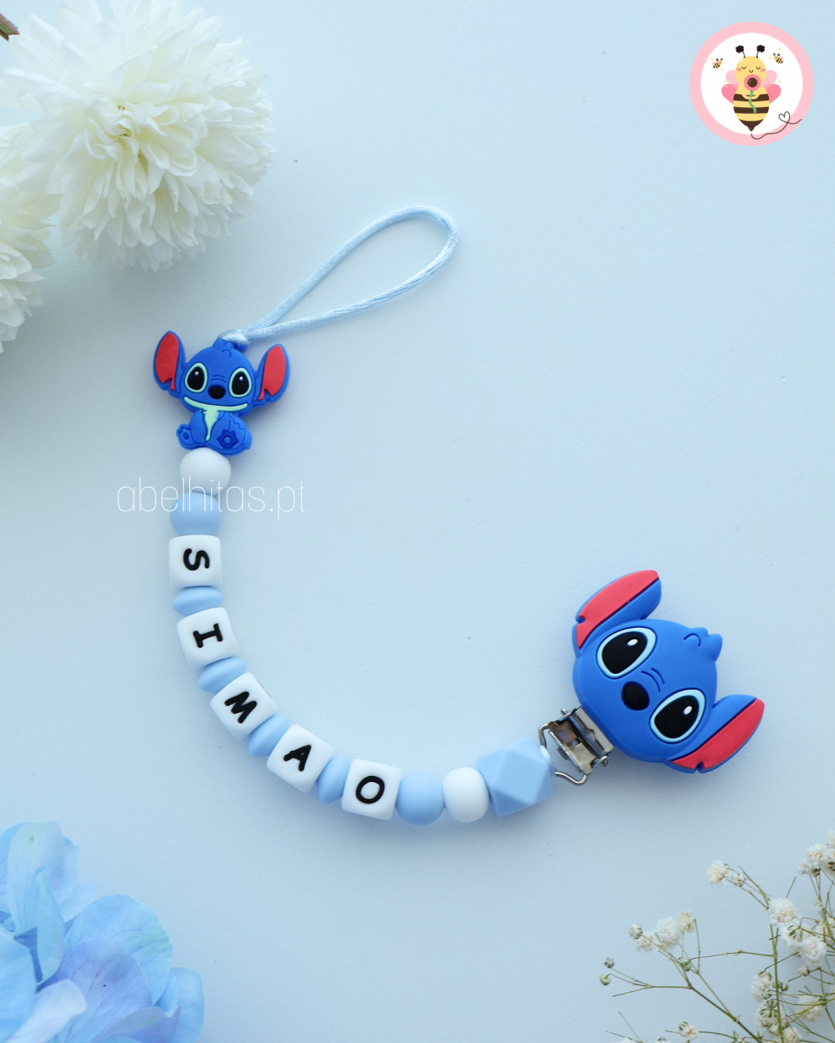 Prendedor de chupeta com nome - Stitch