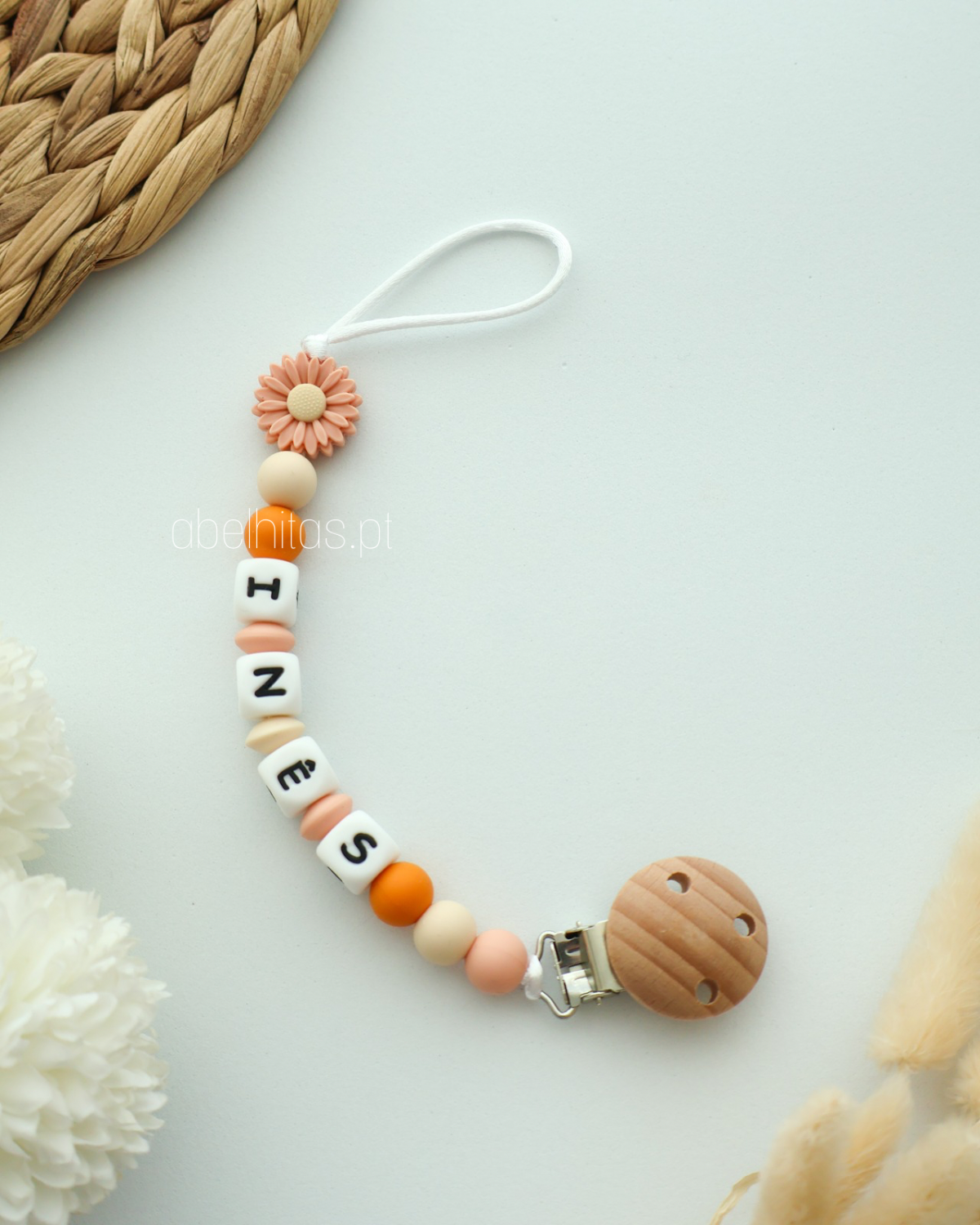 Pacifier clip with name - Peach flower