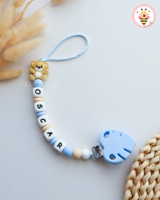 Prendedor de chupeta com nome - Urso bege
