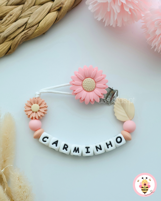 Prendedor de chupeta com nome - Flor pêssego