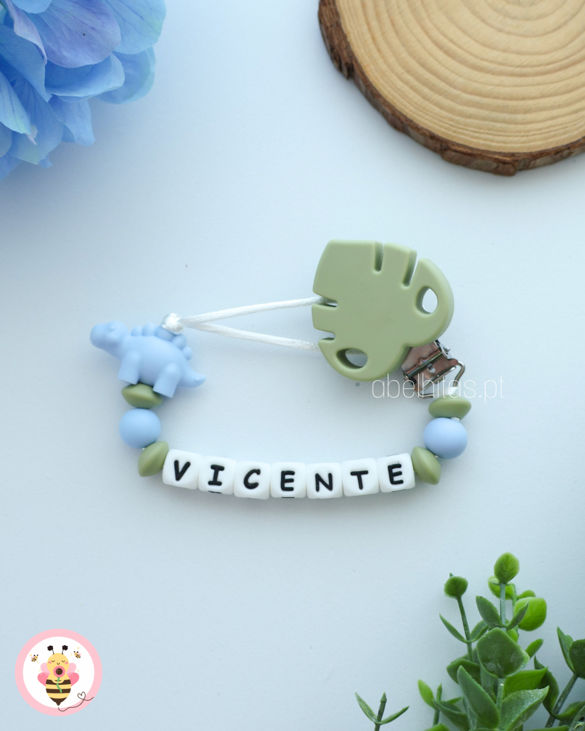 Pacifier clip with name - Blue Dinosaur