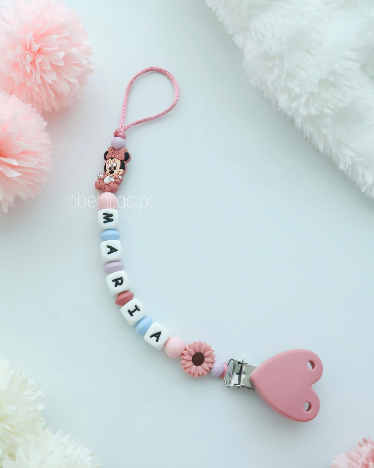 Pacifier clip with name - Dark pink Minnie