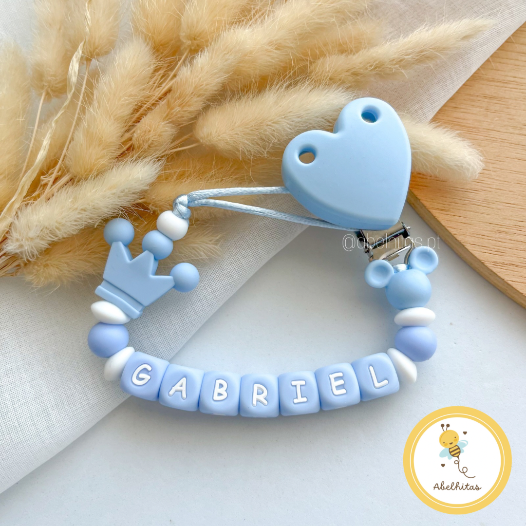 Prendedor de chupeta com nome - Coroa azul