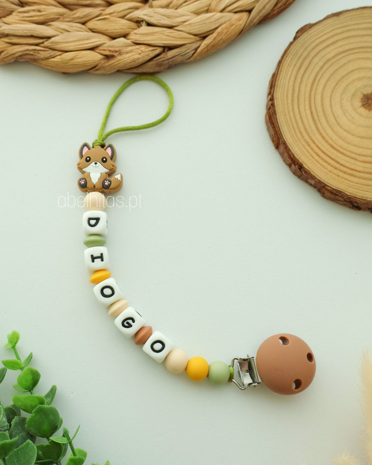 Pacifier clip with name - Fox