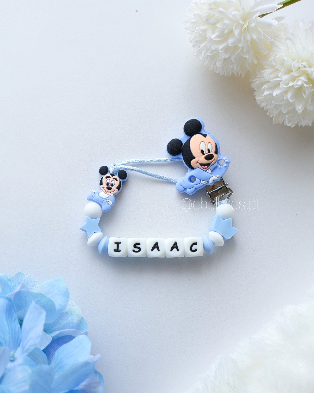 Prendedor de chupeta com nome - Mickey bebé azul
