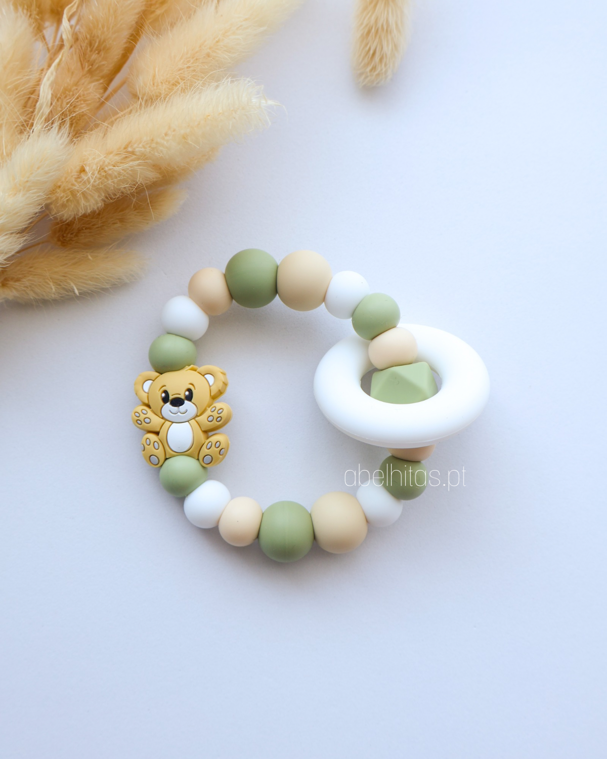 Mordedor de silicone - Urso bege e verde