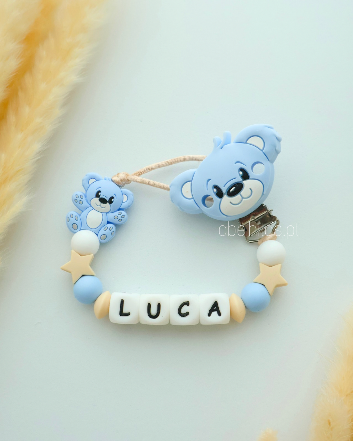 Prendedor de chupeta com nome - Urso azul