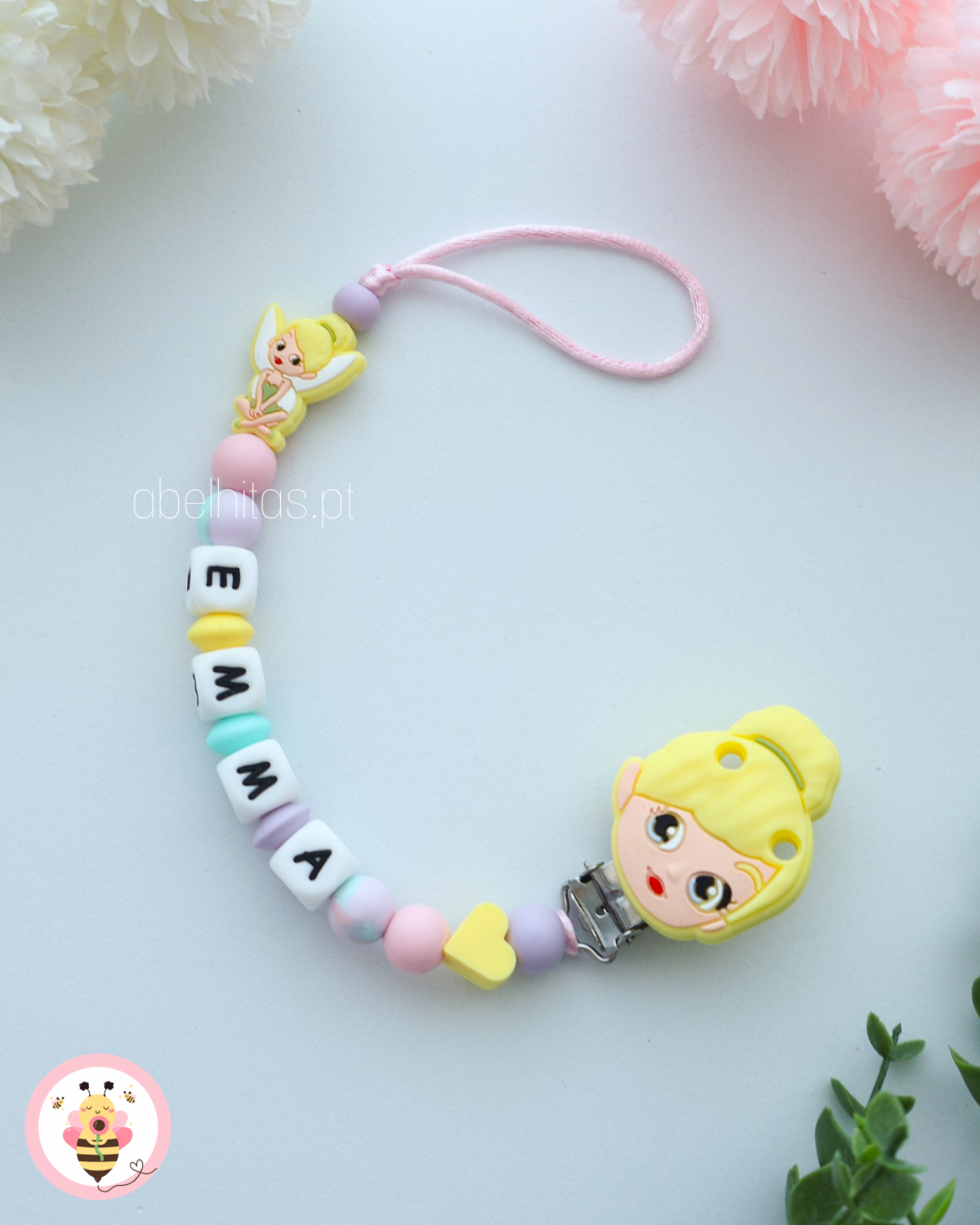 Prendedor de chupeta com nome - Sininho