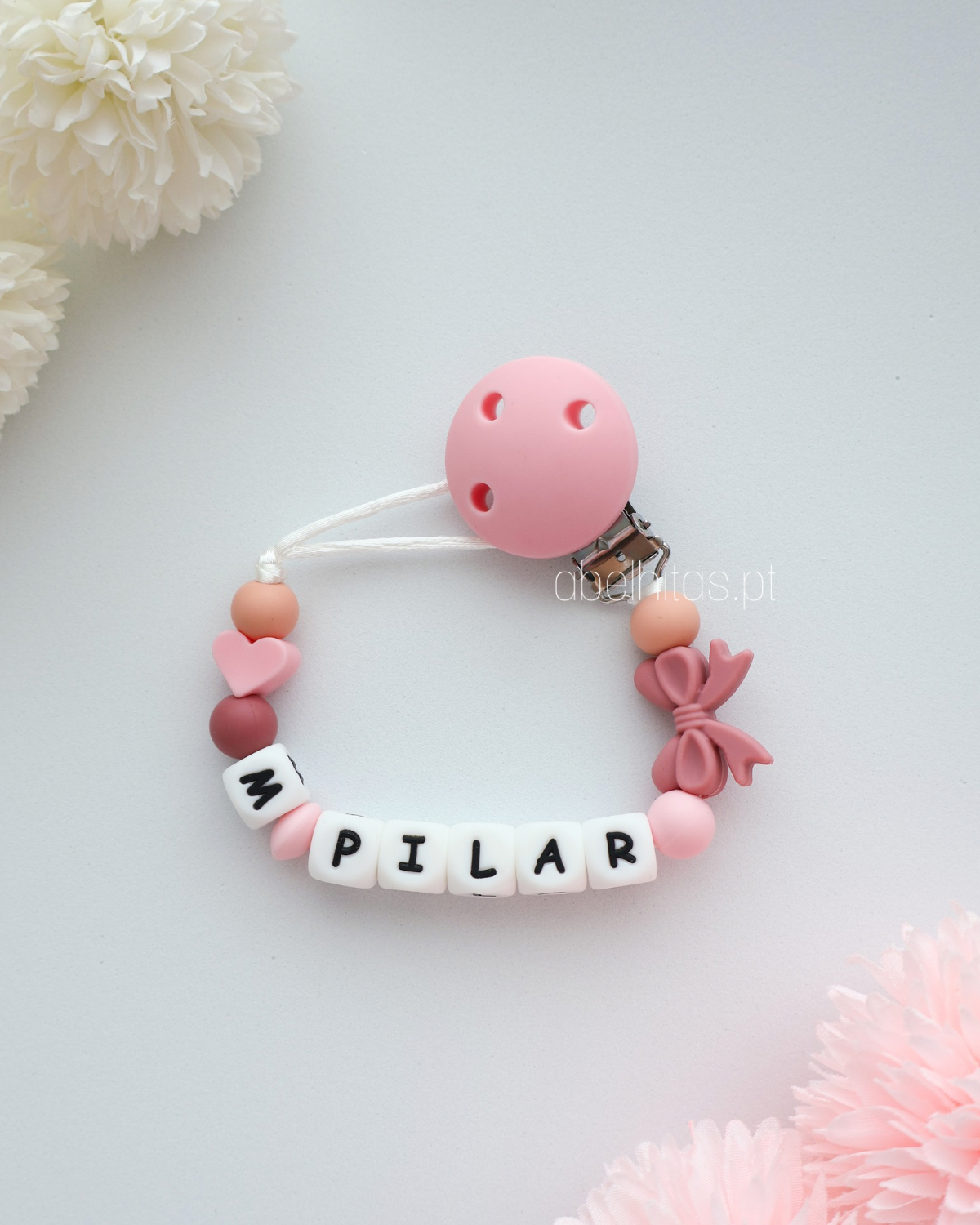 Pacifier clip with name - Dark pink bow