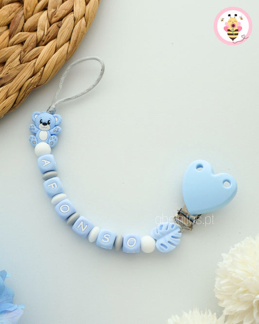 Prendedor de chupeta personalizado com nome - Urso azul