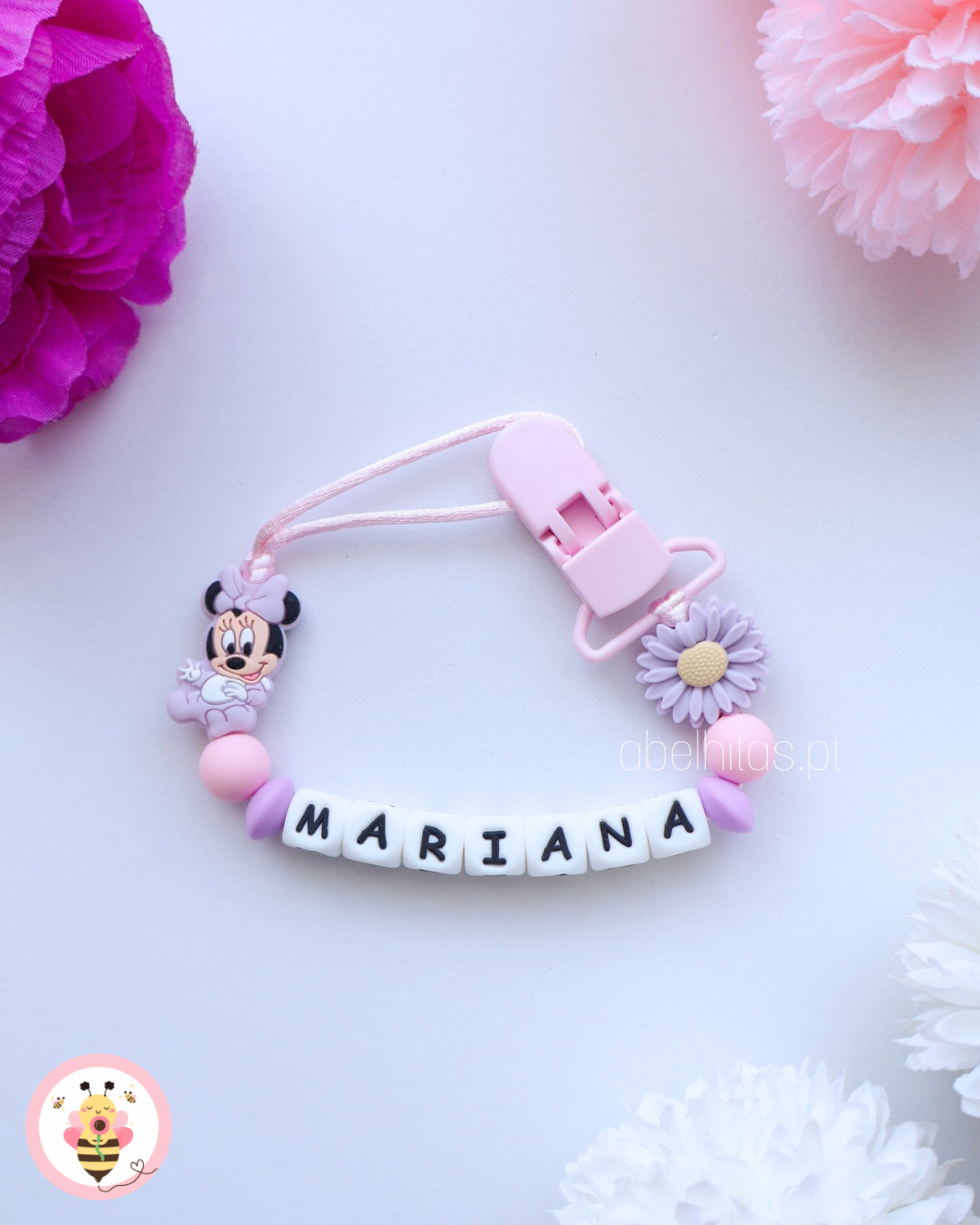 Prendedor de chupeta com nome - Minnie lilás