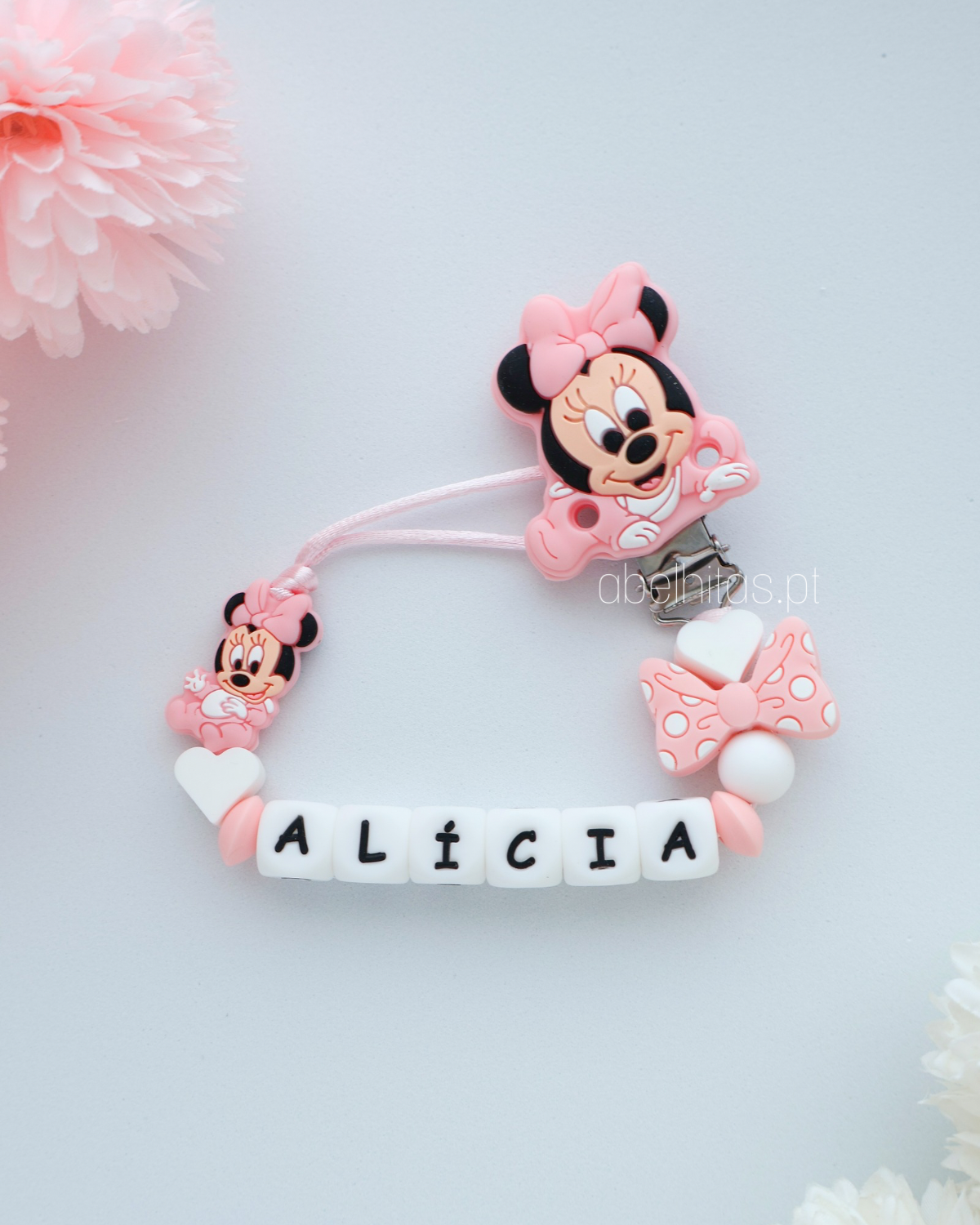 Pacifier clip with name - Pink Minnie