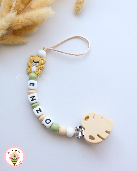 Prendedor de chupeta com nome - Urso bege
