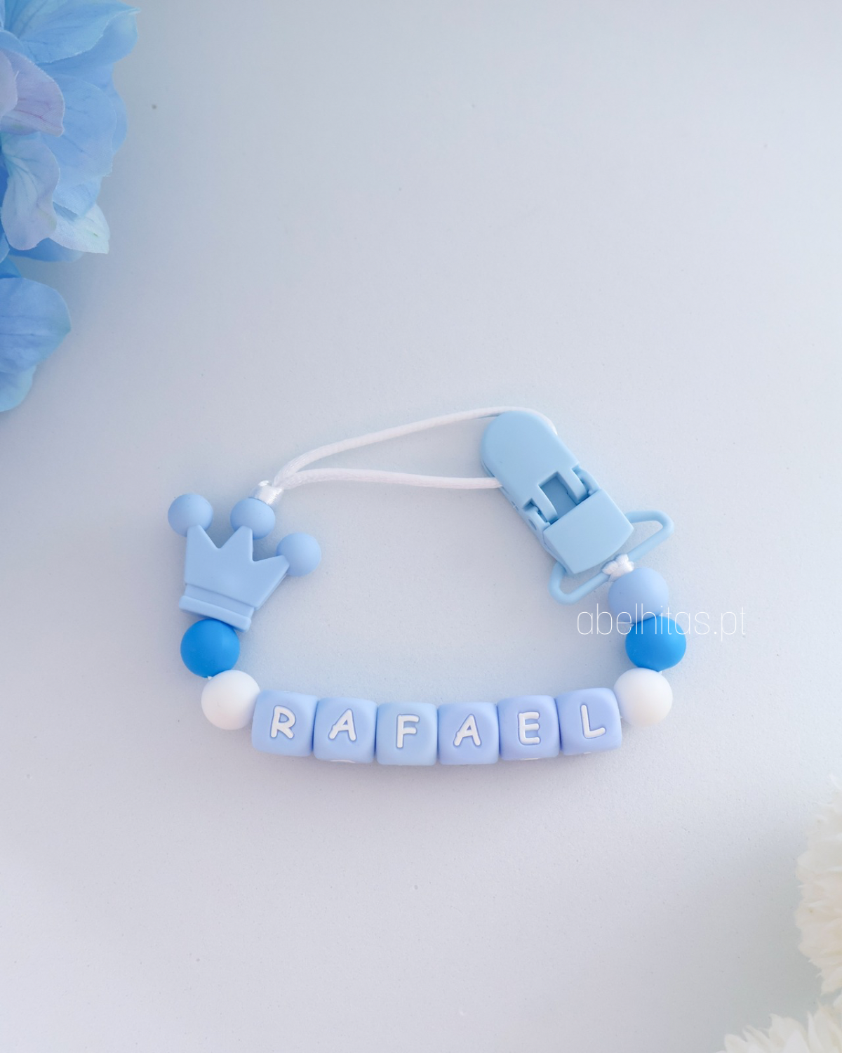 Pacifier clip with name - Blue Crown
