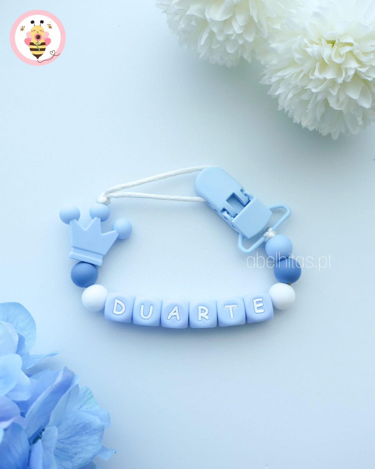 Prendedor de chupeta com nome - Coroa azul