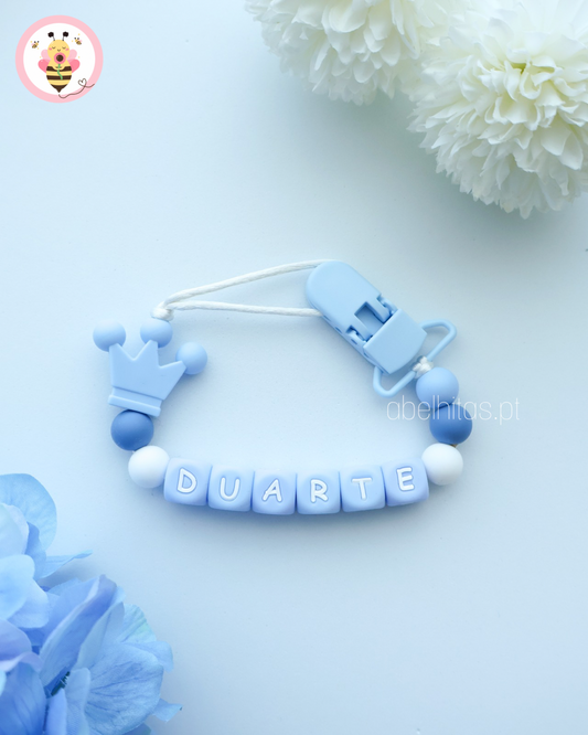 Prendedor de chupeta com nome - Coroa azul