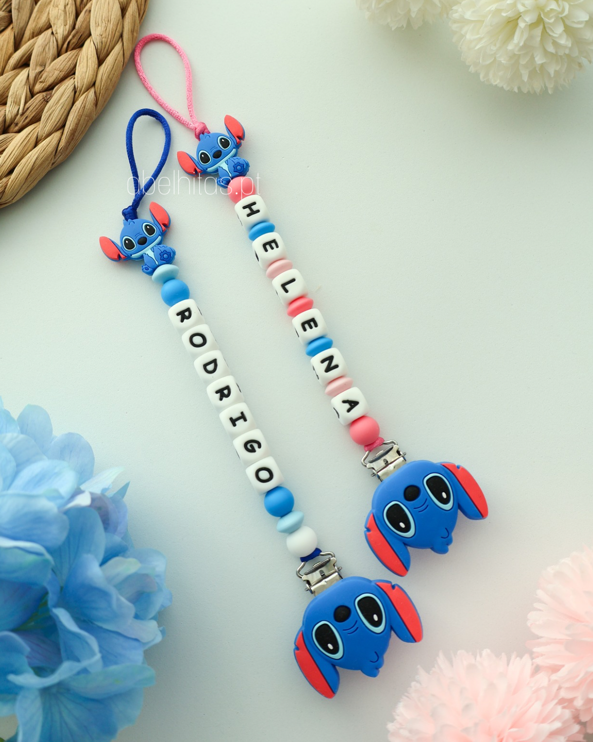 Prendedor de chupeta com nome - Stitch