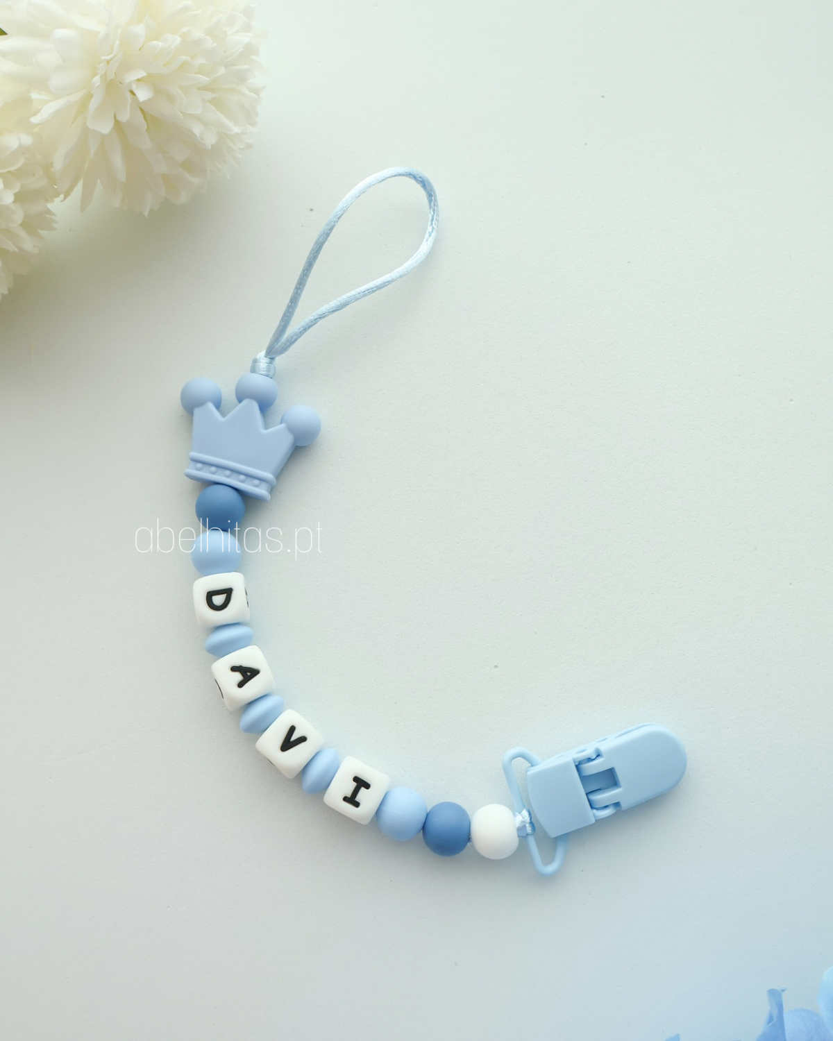 Prendedor de chupeta com nome - Coroa azul