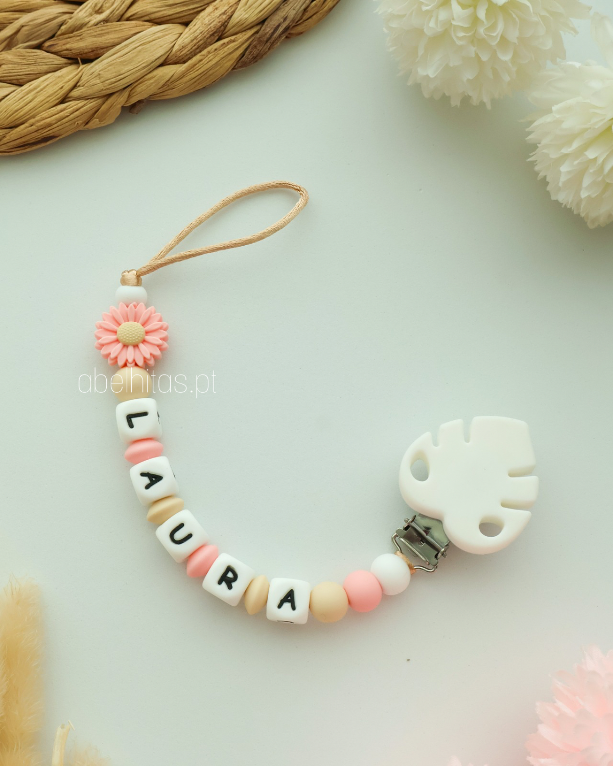 Pacifier clip with name - Pink flower