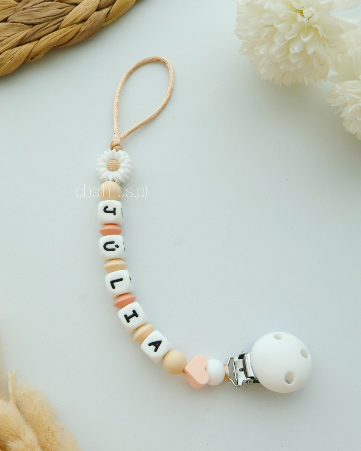 Pacifier clip with name - White flower