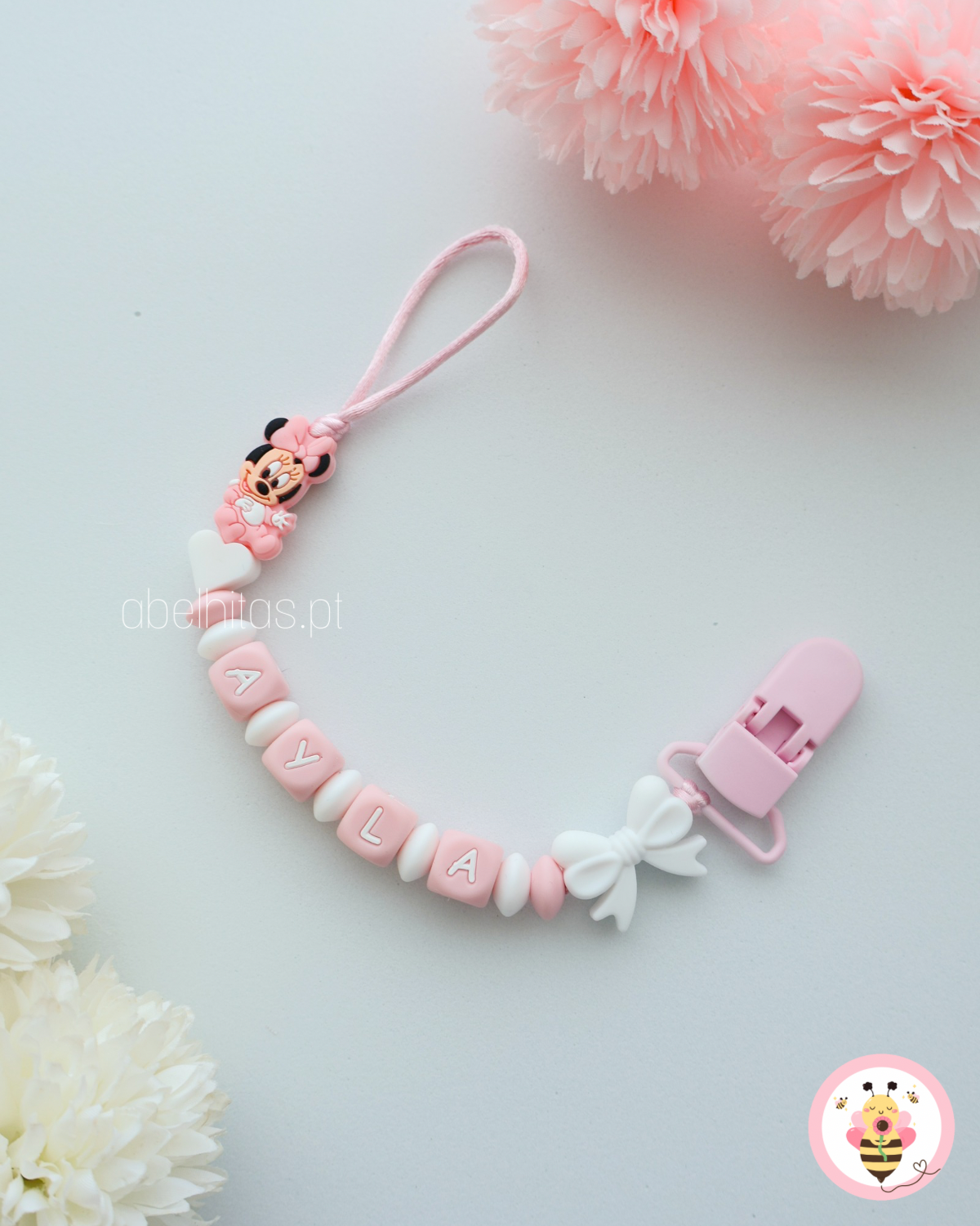 Prendedor de chupeta com nome - Minnie rosa clara