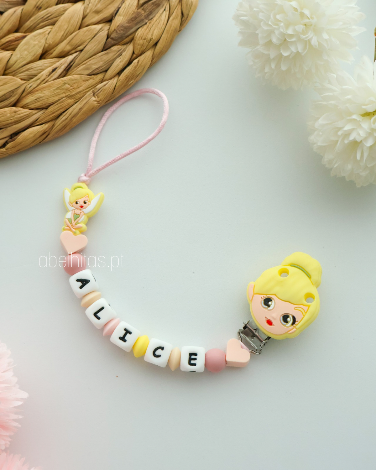 Prendedor de chupeta com nome - Sininho