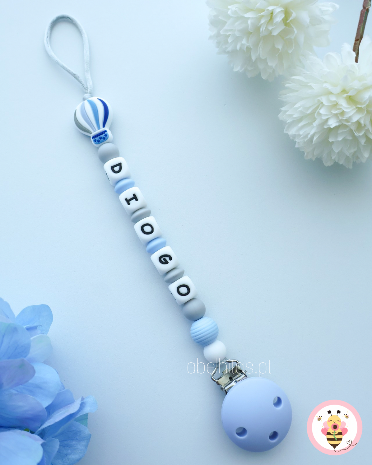 Prendedor de chupeta com nome - Balão azul