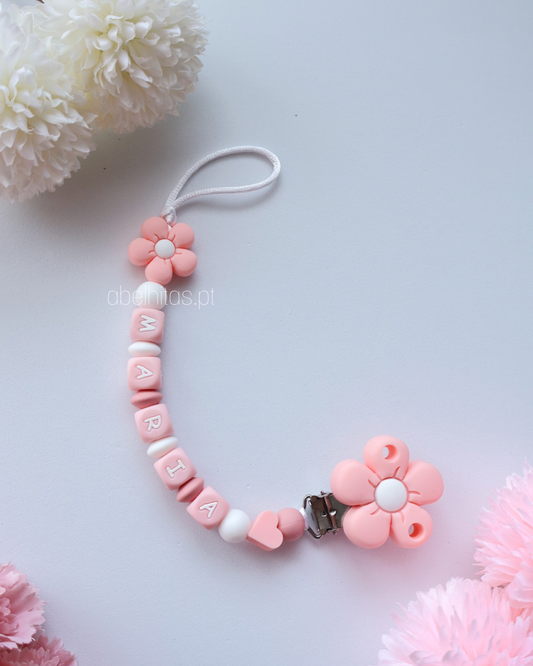 Prendedor de chupeta com nome - Flor rosa