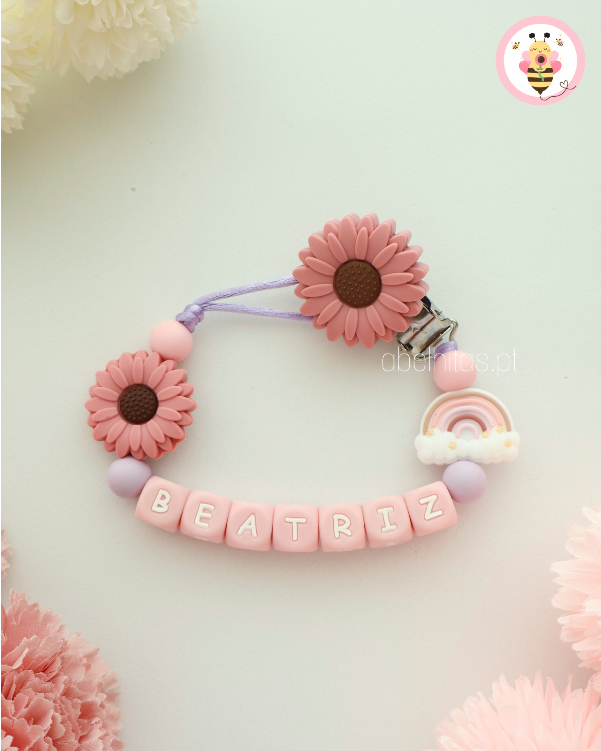 Name Pacifier Clip - Dark Pink Flower