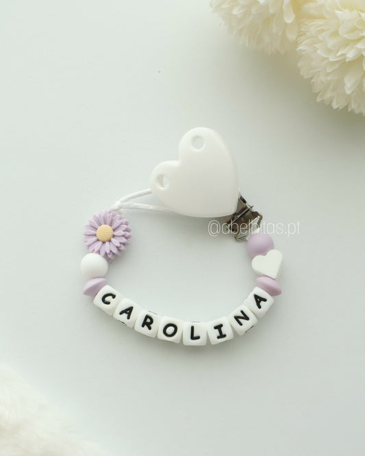 Prendedor de chupeta com nome - Flor lilás