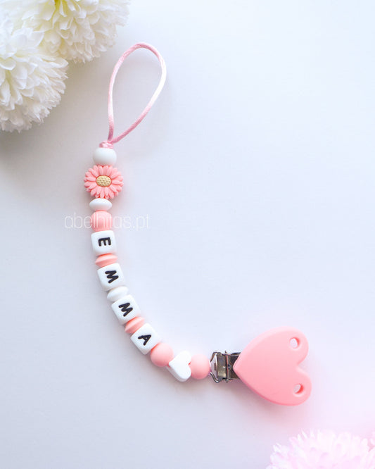 Prendedor de chupeta com nome - Flor rosa