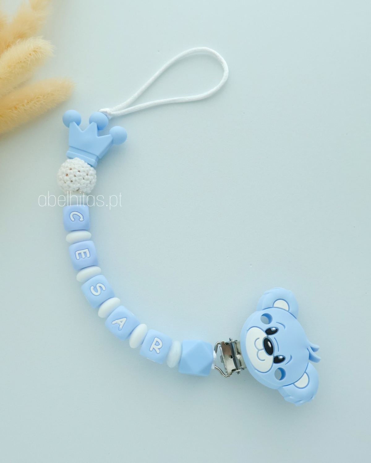 Prendedor de chupeta com nome - Coroa azul