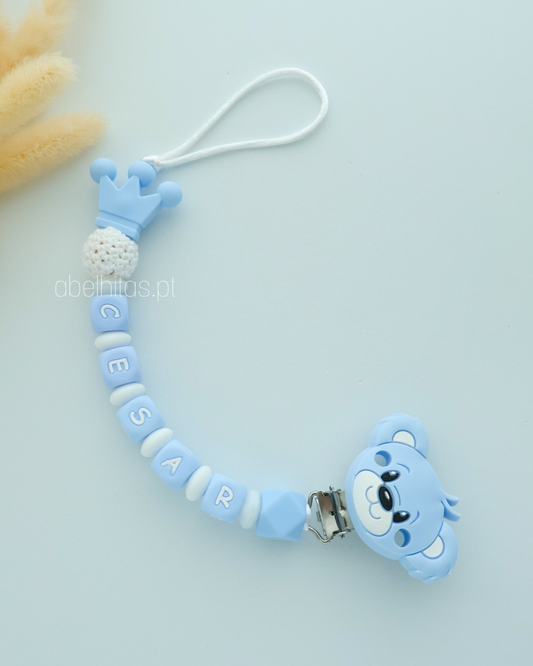 Prendedor de chupeta com nome - Coroa azul