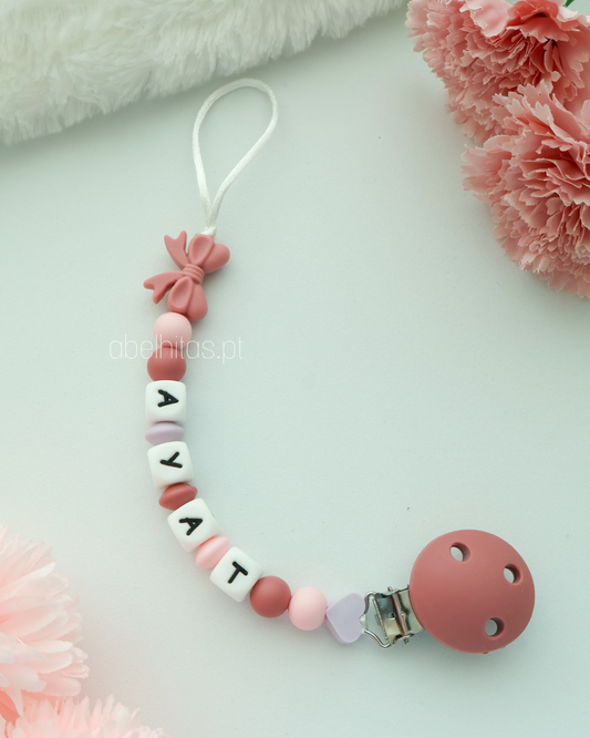 Pacifier clip with name - Dark pink bow