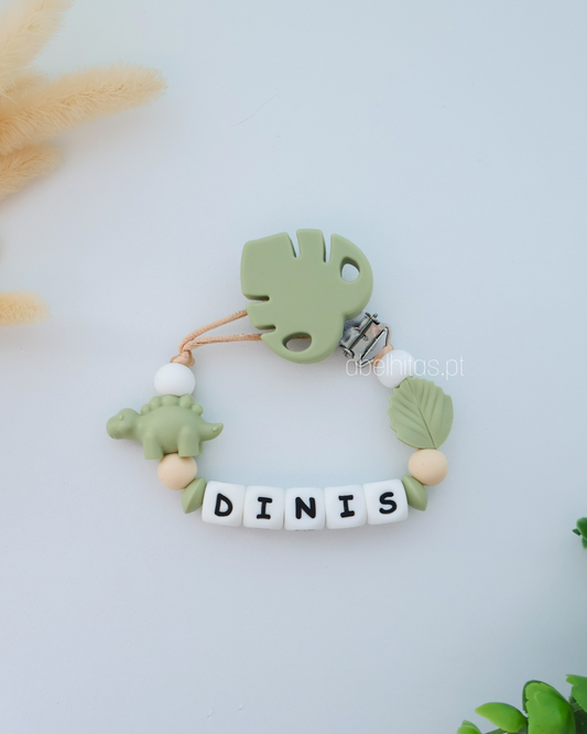 Prendedor de chupeta com nome - Dinossauro verde