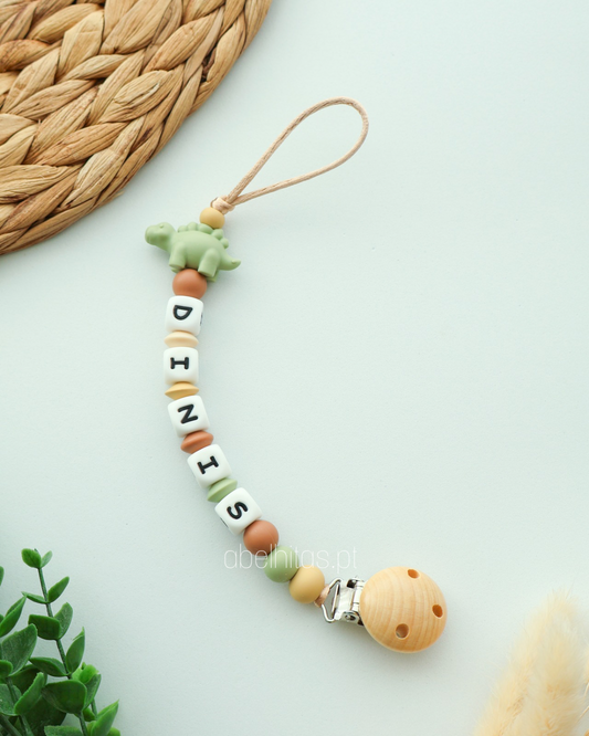 Prendedor de chupeta com nome - Dinossauro verde